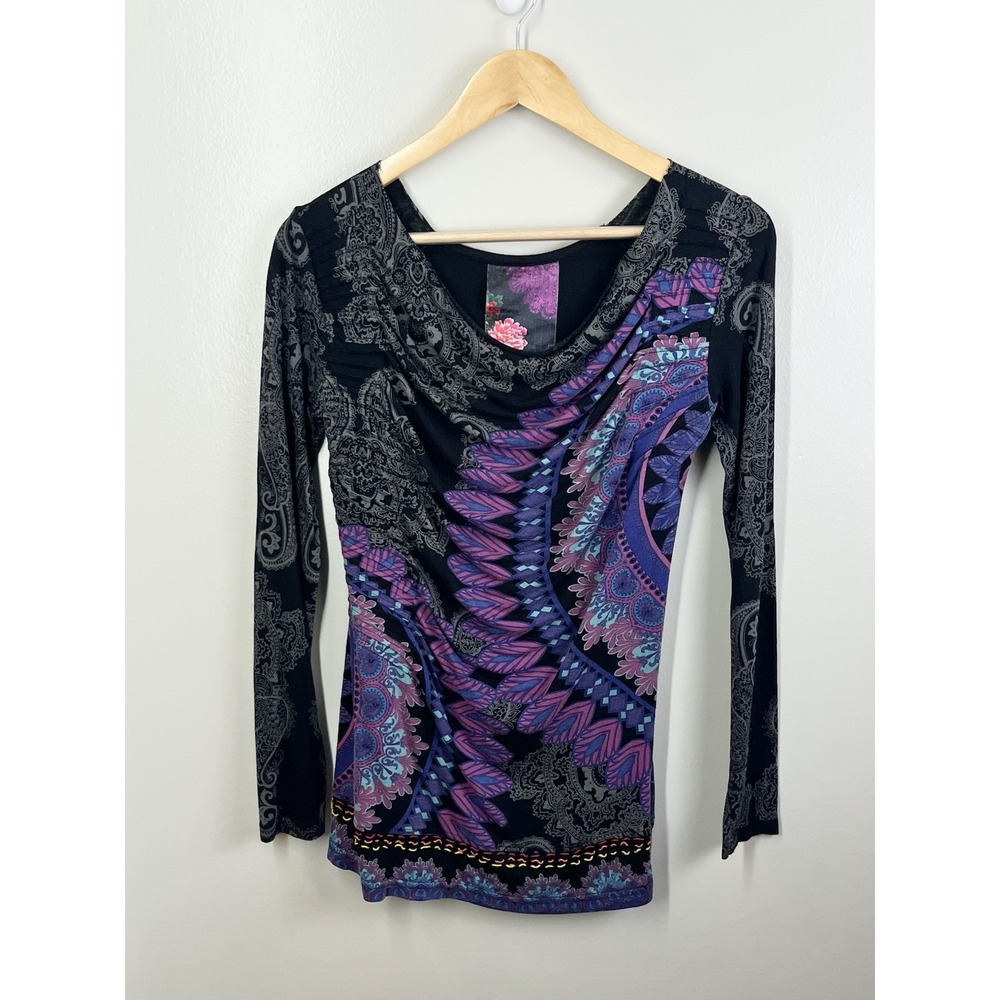 Desigual Long Sleeve Boho Y2K Top Tee Women's Abstract Paisley Artsy Size M